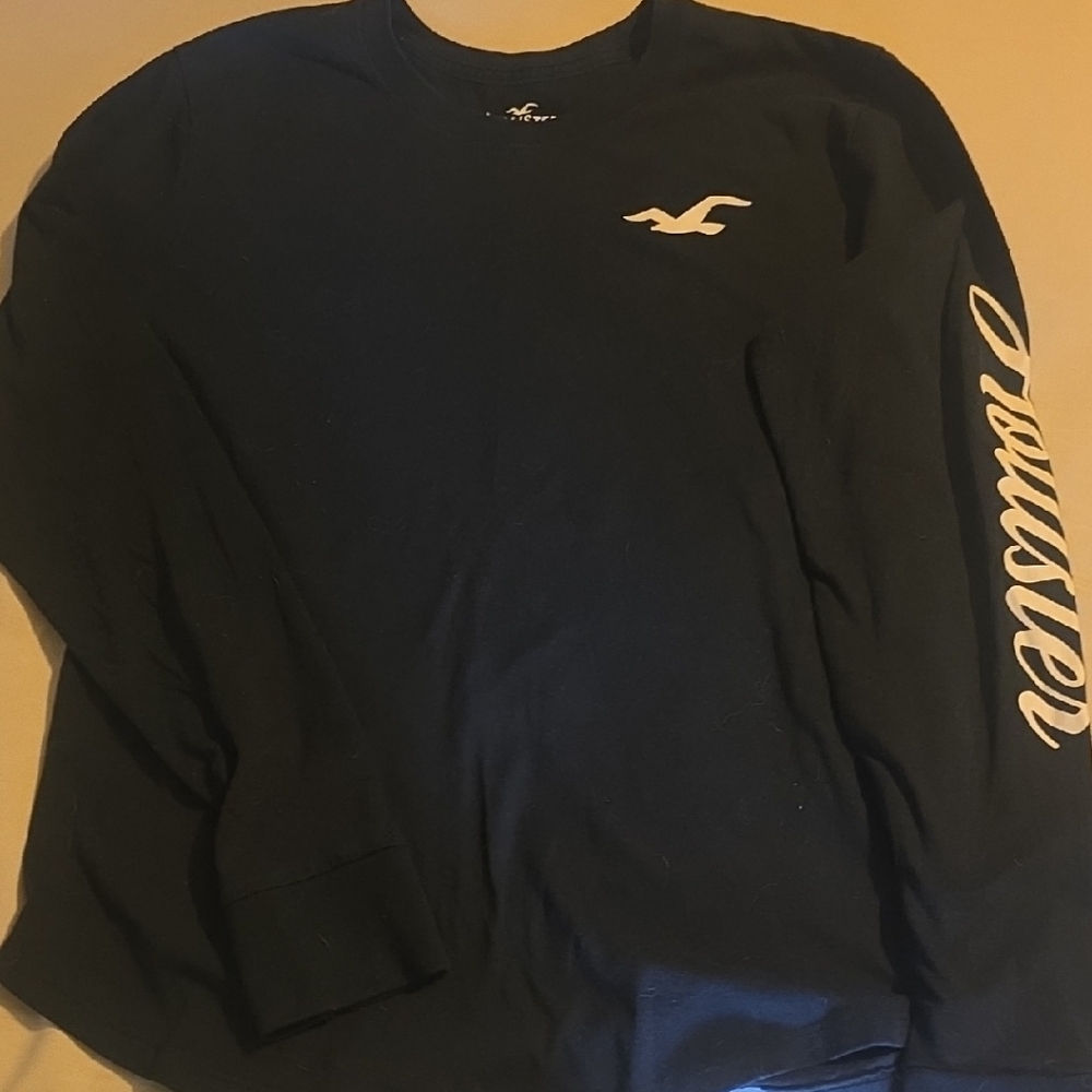 Hollister Women's Black Long Sleeve Tee With Bird Logo And Script On Left Arm
